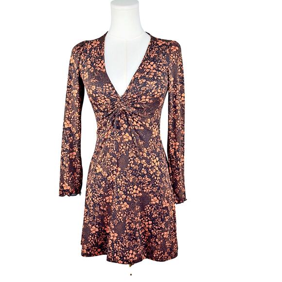 Altar'd State XS Black Orange Deep V Neck Long Sleeve Mini Dress Indie Skater - Picture 2 of 7